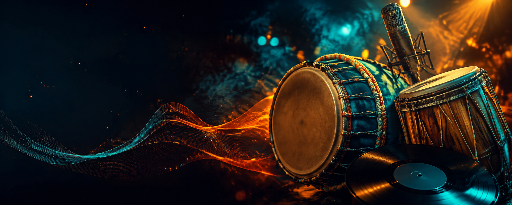 Tassa drums, dholak, microphone and vinyl illuminated in teal and orange stage light