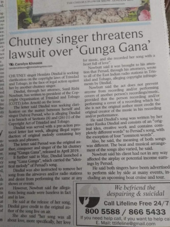 Chutney Singer Threatens Lawsuit Over Gunga Gana