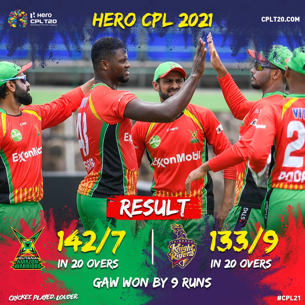It’s all over at Warner Park and the Guyana Amazon Warriors have won by 9 runs