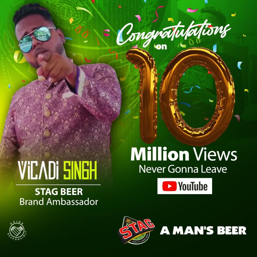 Gone are the days when Chutney songs struggled for views as many routinely get over 1 million views. But there aren't many over 10 million. Vicadi Singh's smash hit Never Gonna Leave crossed this with ease and it hasn't been a year yet. The song has shown no sign of slowing down and over 50,000 persons have liked the song on YouTube making it the most popular Chutney Soca Song Ever!