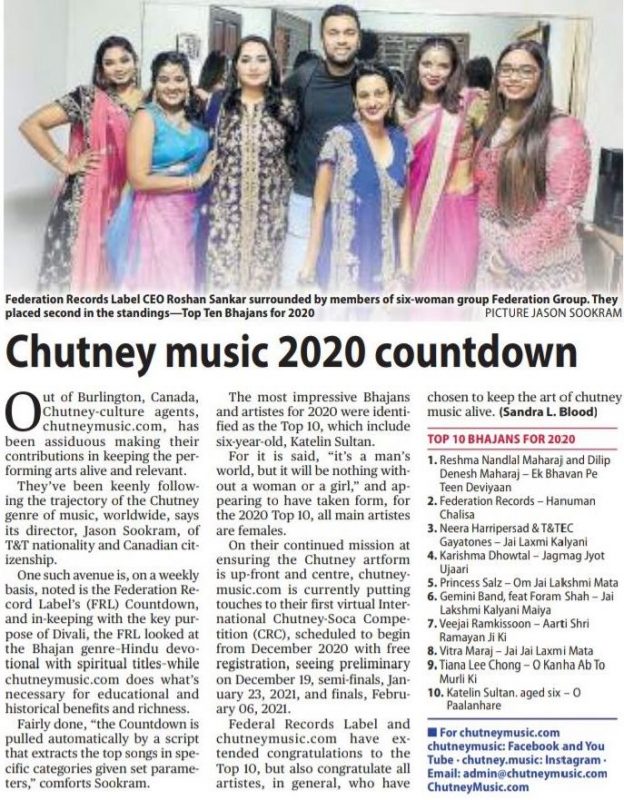 The Trinidad Guardian features the Chutneymusic.com 2020 Top 10 Bhajans Countdown